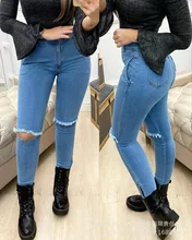 

2022 New Perforated Zipper Stitched Jeans for Women Fashion High Waist Button Blue Tight Jeans Summer Trousers