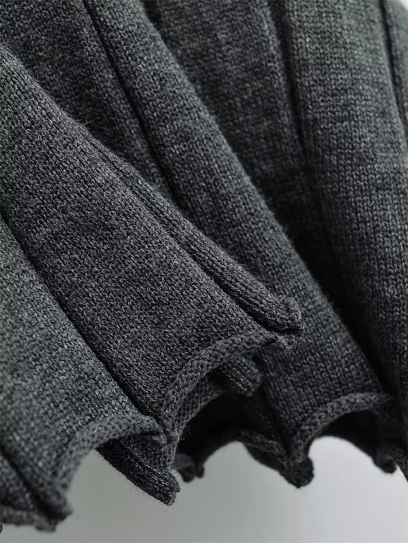 Korean Fashion Knitted Short Dresses for Women Autumn New Patchwork Long Sleeve Pleated A-line Y2K Sexy Party Dress with Belt