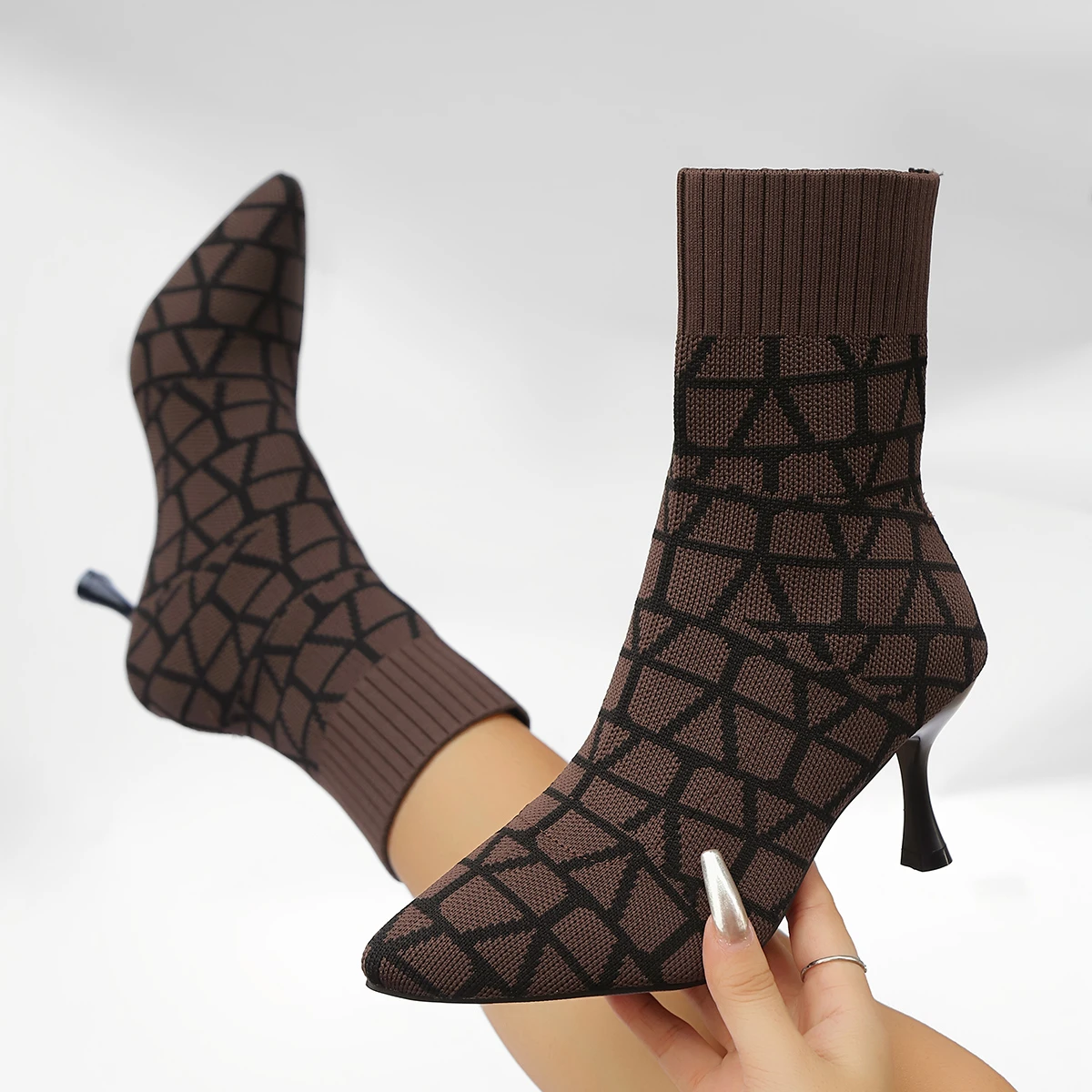 Aphixta Stripe Design 7.5cm Thin Heels Socks Boots Women Big Size 43 Stretch Fabric Elastic Pointed Toe Shoes Ankle Boot Woman