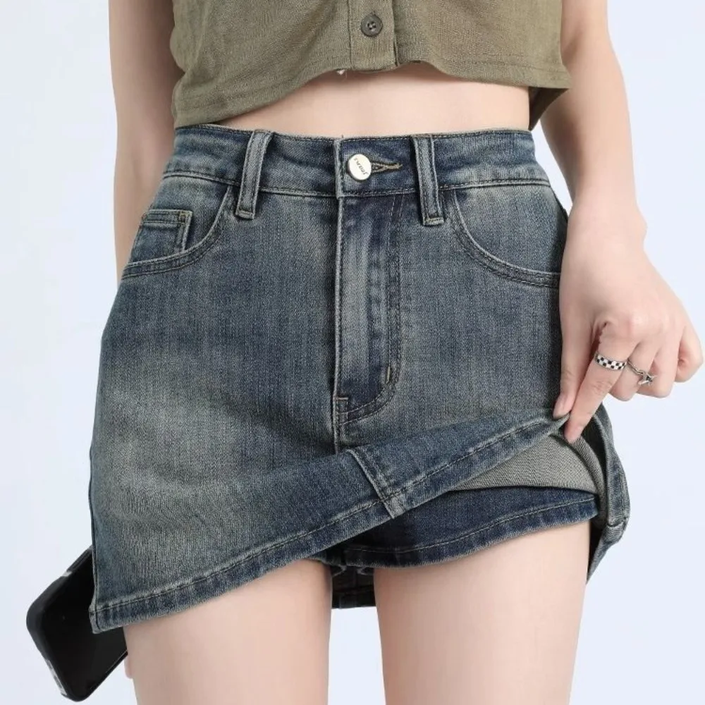 Includes Shorts Pants High Waist a-line Skirt Two Pocket Wide Leg Denim Shorts Skirt Women Streetwear Basic
