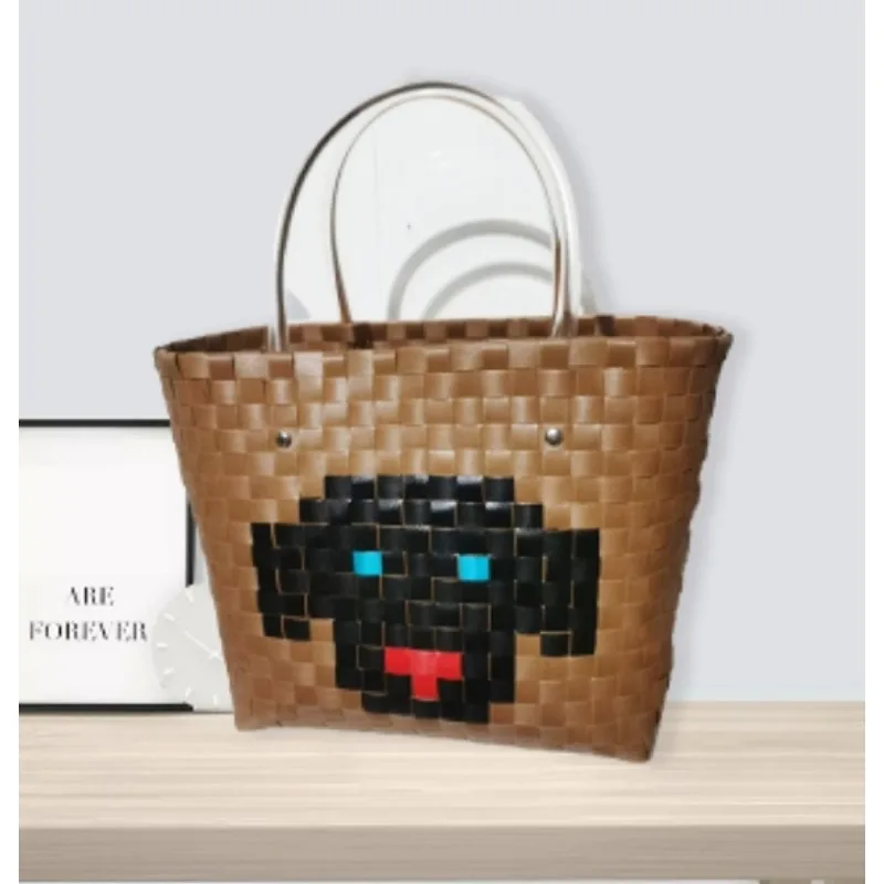 Handmade Woven Basket Bag - Animal Cartoon Tote for Women Stylish Eco-Friendly Beach Tote with Adjustable Strap Lightweight