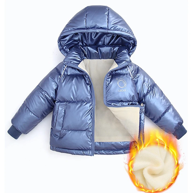 

Glossy Fabric Cartoon Hooded Down Jackets Kids Boys Winter Plush Velvet Warm Outerwear Girls Baby Coat Children Clothes For 1-6Y