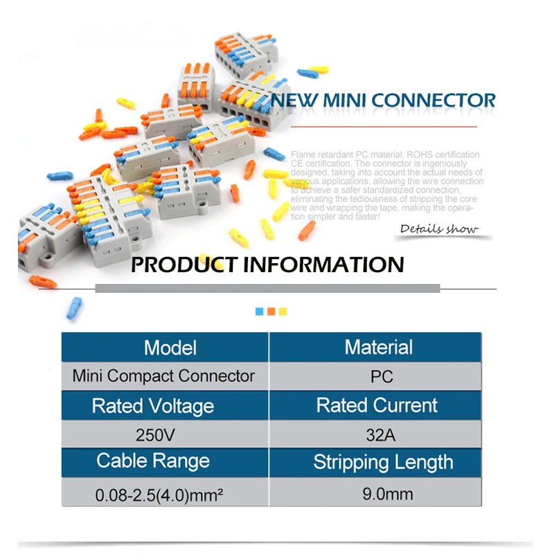 Mini connecteur de conducteur de fil rapide universel, Compact, 2/3 broches, bloc intercalaire, 1 entrée, sortie multiple, avec trou de fixation