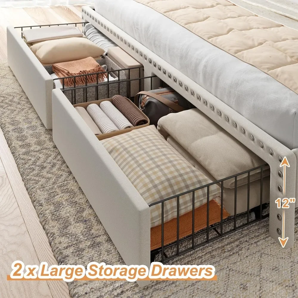Queen Bed Frame with Headboard and Storage Upholstered Size 2 Drawers