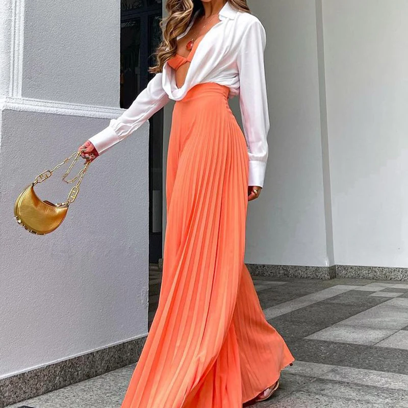 

2022 Autumn Fashion Streetwears Solid Comfort Casual Women Pleated Pants Elastic High Waist Loose Ruffles Long Wide Leg Trousers