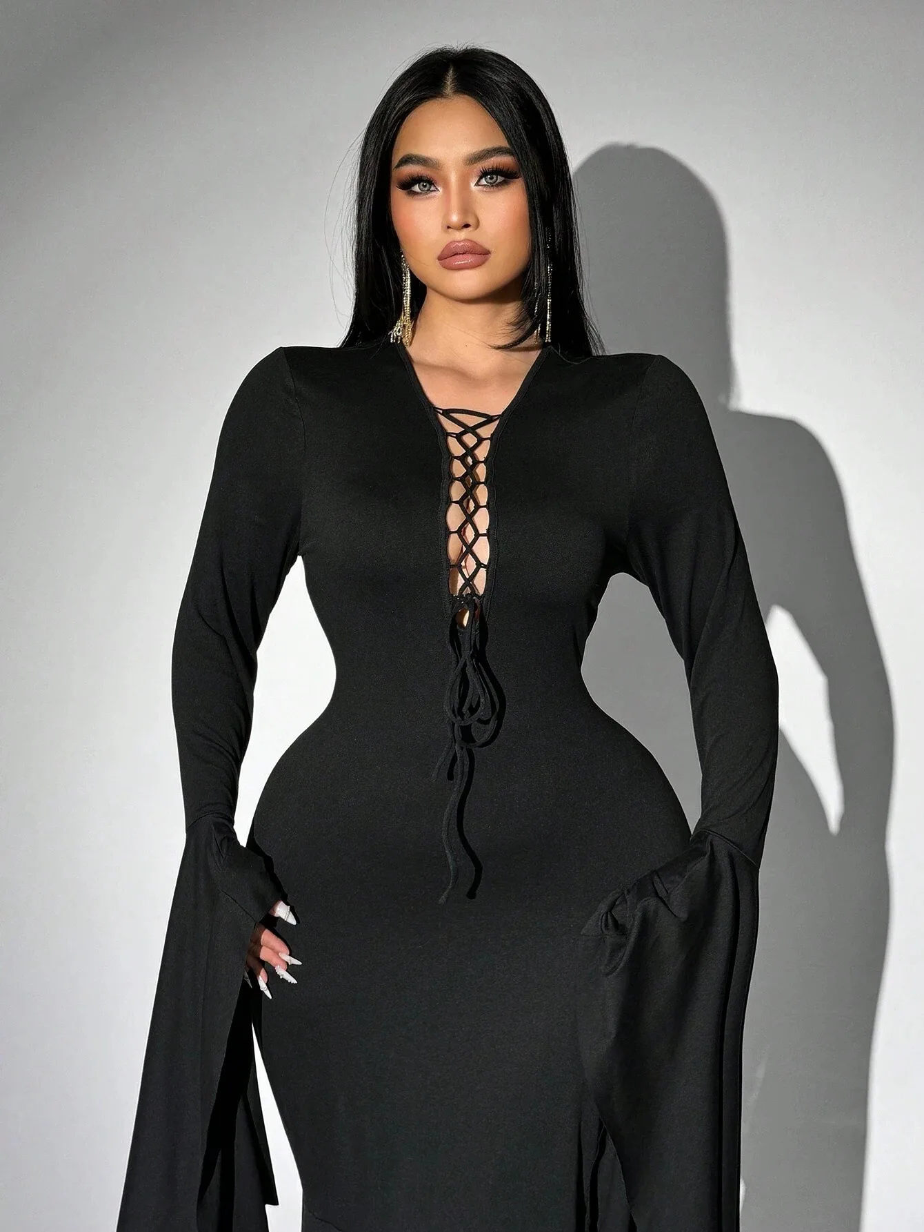 Plus Größe Frauen Halloween Cosplay Morticia Addams Boden Kleid Kostüm Punk Gothic Hexe Vintage Hohl Spitze Up Schlank Kleid Kleid – Detail 12