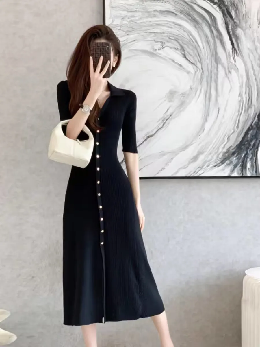 

Women Simple Short Sleeve Single Breasted Slim Knitted Long Dress