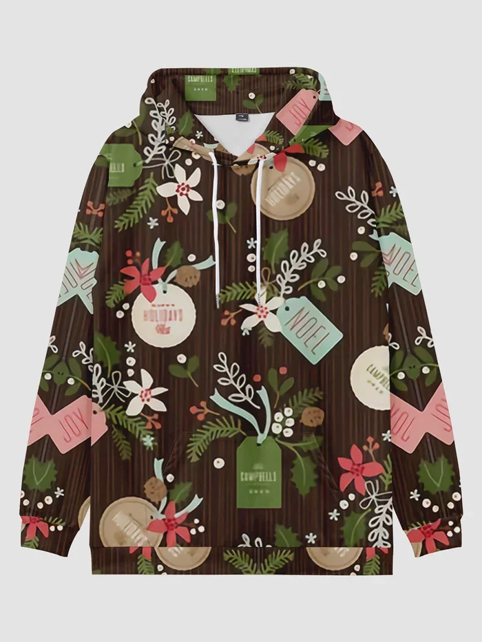 

Men Christmas Greeting Cards Flower Print Kangaroo Pocket Pullover Hoodies