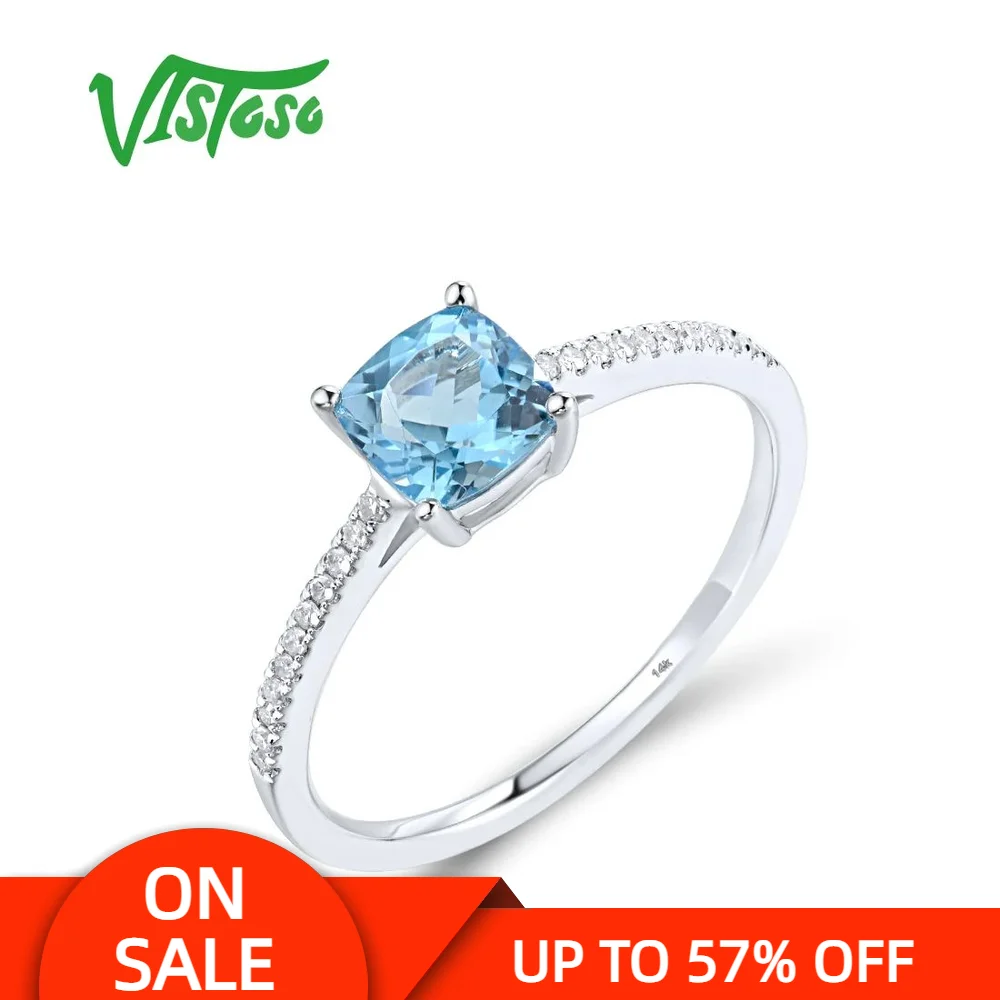 

VISTOSO Genuine 14K 585 White Gold Stackable Ring For Women Sparkling Diamonds Blue Topa Tapper Wedding Anniversary Fine Jewelry