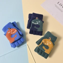 1Pair Dinosaur Pattern Half Finger Fingerless Gloves For Girls And Boys Knit Wrist Cotton Gloves Winter Warm Workout Gloves