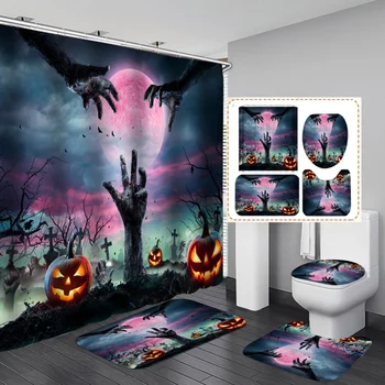 Halloween Shower Curtain Set 4PCS with Toilet Lid Cover Bath Area Mat Toilet Lid Cover Haunted House Horror Bathroom Decor 3