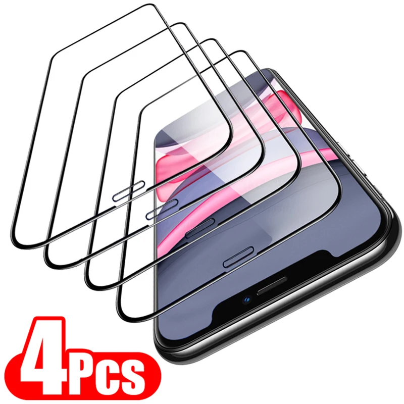 4Pcs Full Cover Tempered Glass On the For iPhone 11 12 13 Pro Max Screen Protector 6 7 8 Plus X XR XS MAX SE 20 |