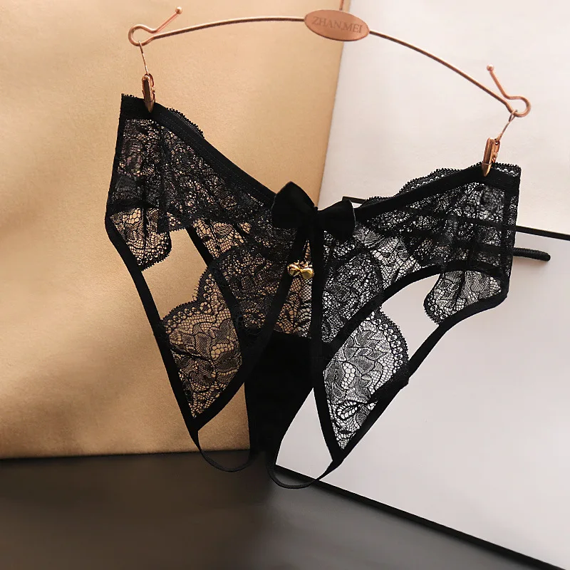 Women's Sexy Hollow Out Thong Lingerie Open Crotch Underwear Lady's Crotchless French Style Lace See Panties with Bow Hot Sale