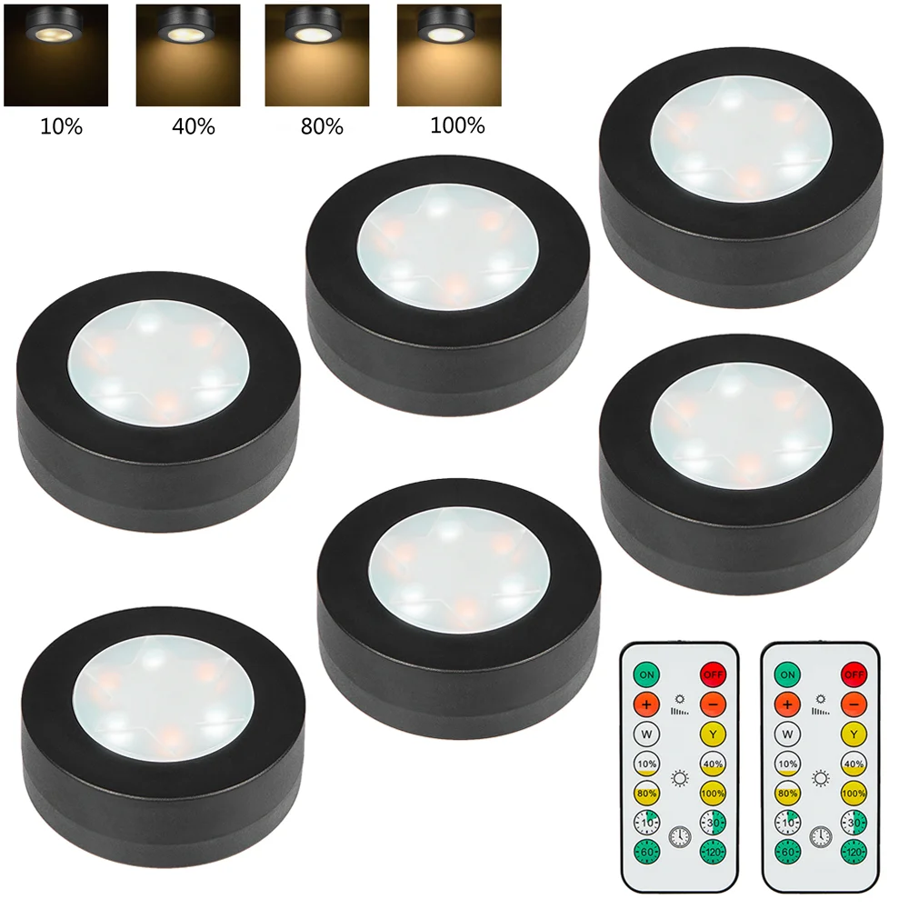1-6Pcs Black CCT Round LED Under Cabinet Closet Light Furniture Dimmable Wardrobe Lamp Warmwhite White 3000-6500K Remote Control led cabinet light,cabinet lights,led cabinet lights,under cabinet light