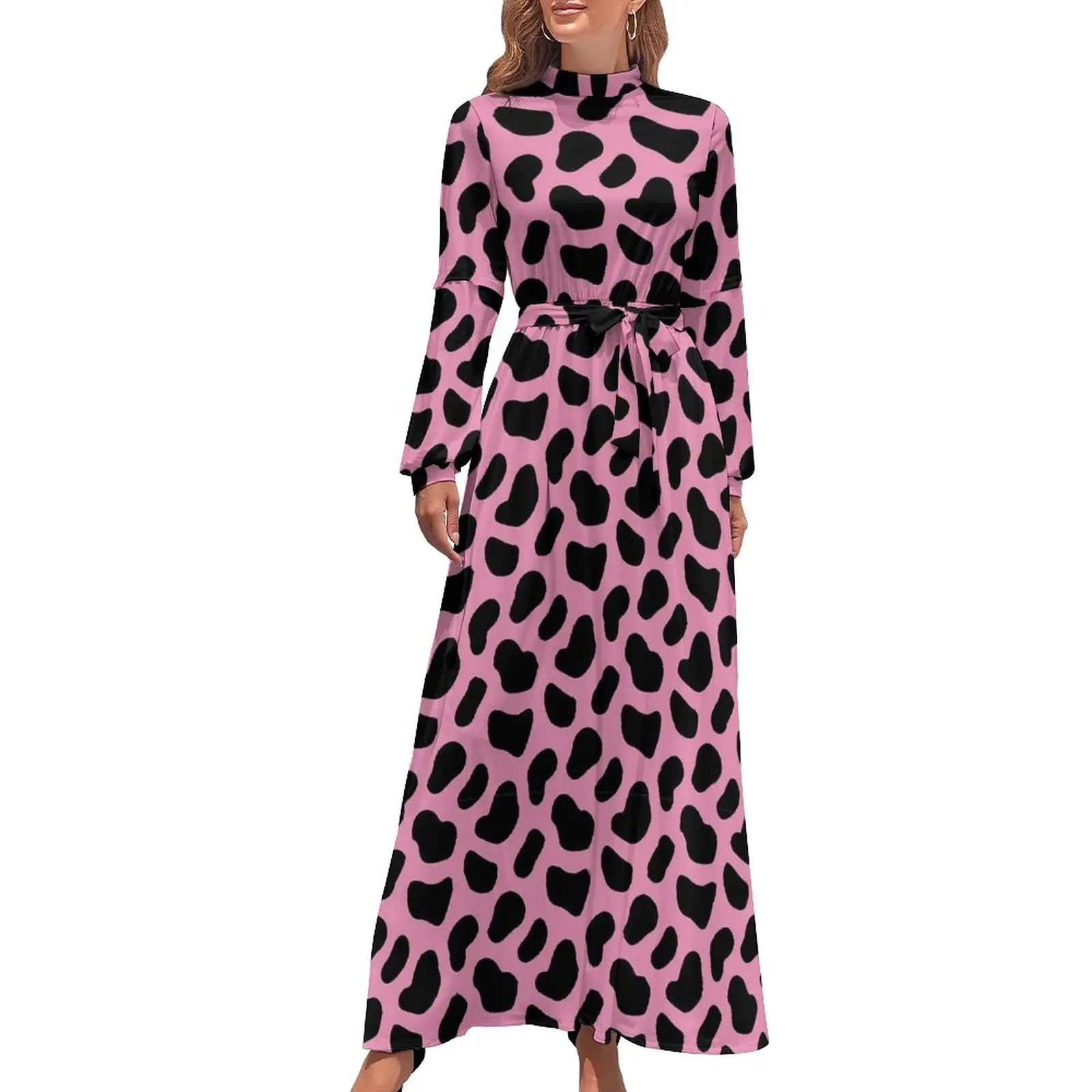 

Dalmatian Spots Dress Black And Pink Cute Graphic Maxi Dress High Waist Long-Sleeve Aesthetic Boho Beach Long Dresses
