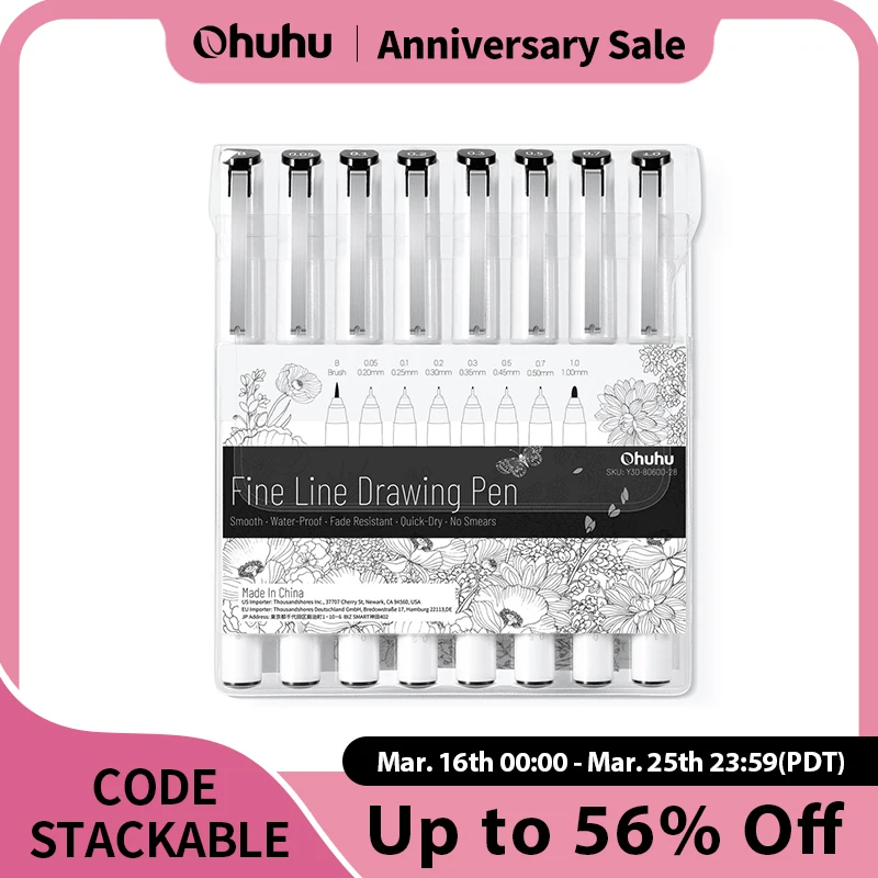 Ohuhu Micro Pen Fineliner Drawing Pens 8 Pack Line Pens Art Colored Fine Point Markers Waterproof Writing Sketching Manga