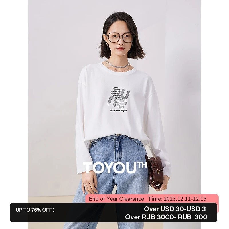 

Toyouth Women Tees 2023 Autumn Long Sleeve Round Neck Loose T-shirt 100% Cotton Geometric Pattern Casual Basic All Match Tops
