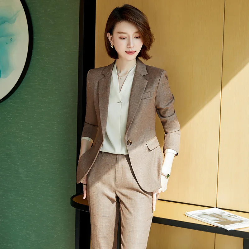 

autumn Plaid Pant Suits Sets Formal Ladies Office OL Uniform Designs Women Elegant Business Work Wear Blazers With Pants 2 Piece