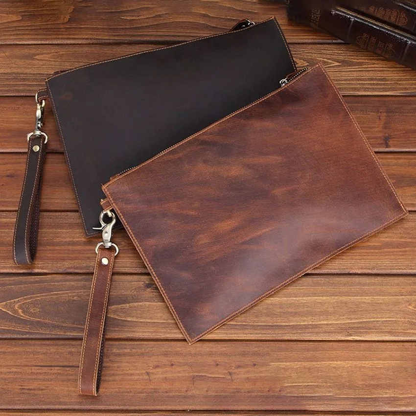 Crazy Horse Leather Craft Man's Handbag  Cowhide Business Bag   Large Capacity File Grab Bag   Cow Leather Bag