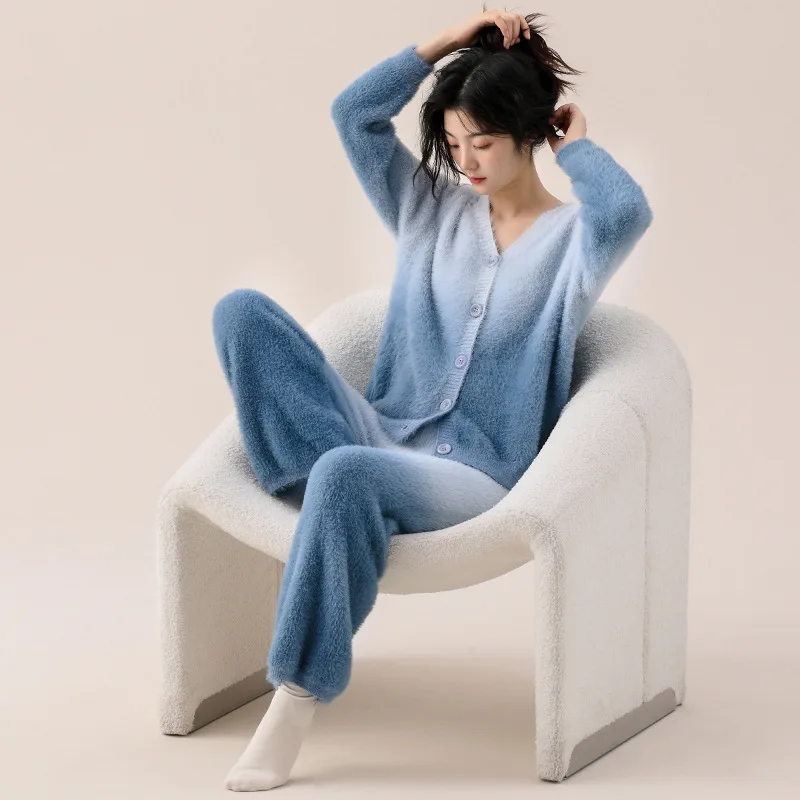 

Winter Thick Soft Flannel Gradient Pajamas Set Women Japanese Kimono Style Girls Cardigan Sleepwear V-Neck Thermal Lady Pyjamas