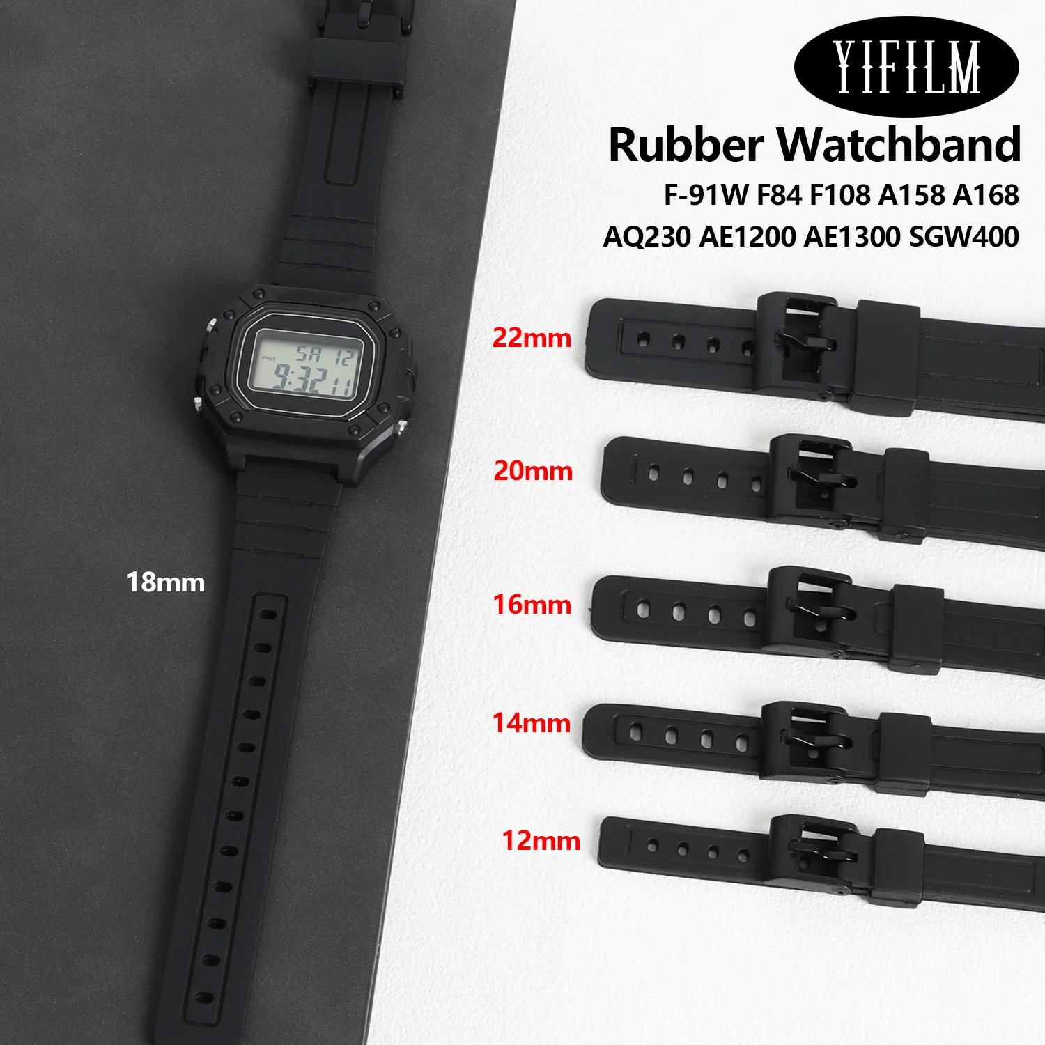 Universal Black Resin Watchband Strap (16mm, 18mm, 20mm)