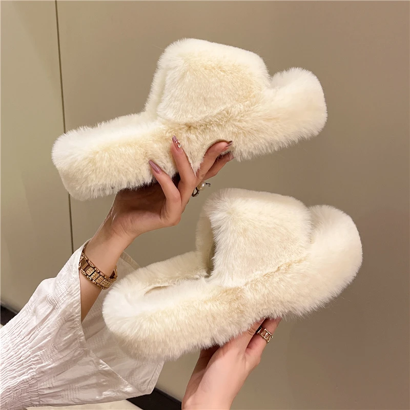 Fur Slippers Winter Platform Fluffy Slippers Furry Sabot Hairy Plush Women 2024 House Home Flat Cozy Fuzzy Indoor Shoes Casual