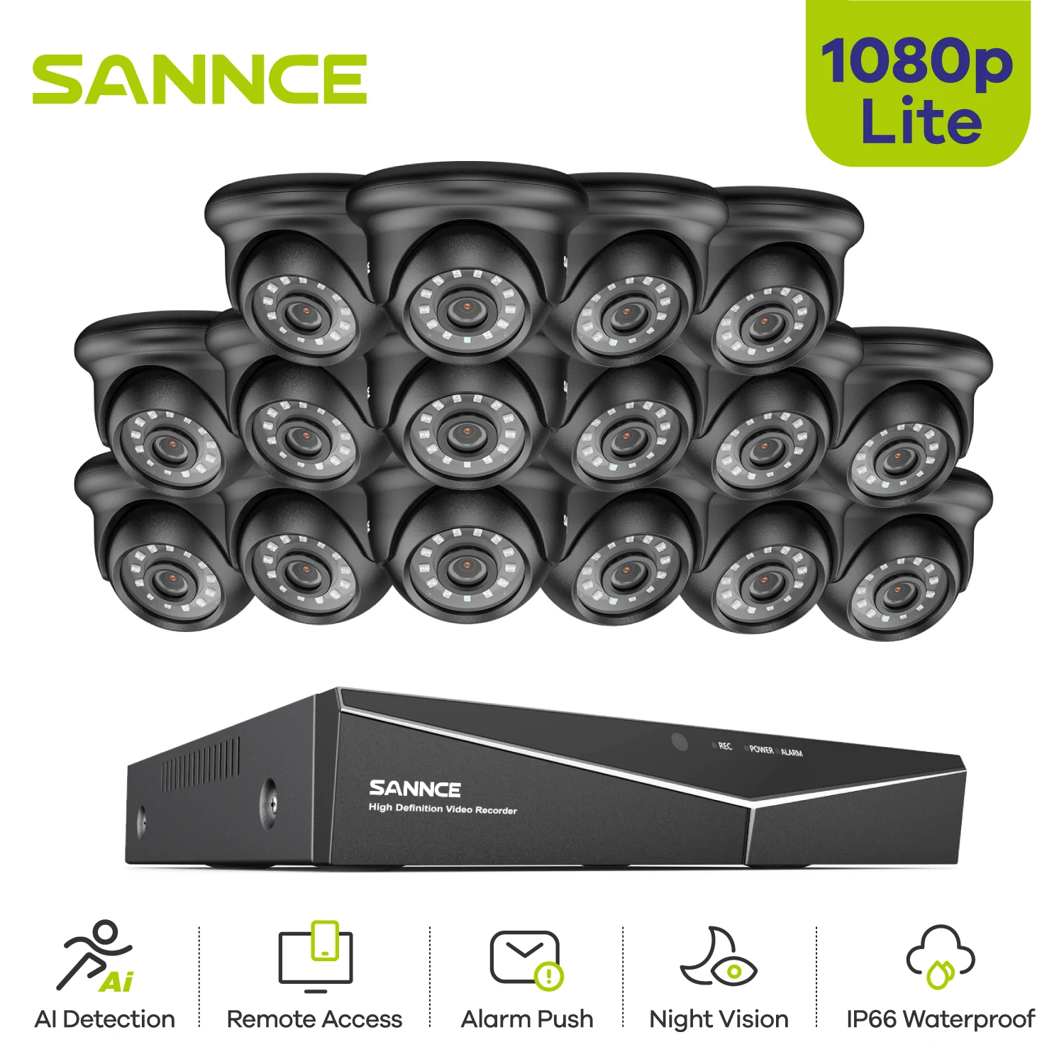 SANNCE 1080p 16CH Full HD Wired Security Camera Set Outdoor IP66 Waterproof 2MP 5-in-1 Digital Video Recorder 16PCS TVI Cameras