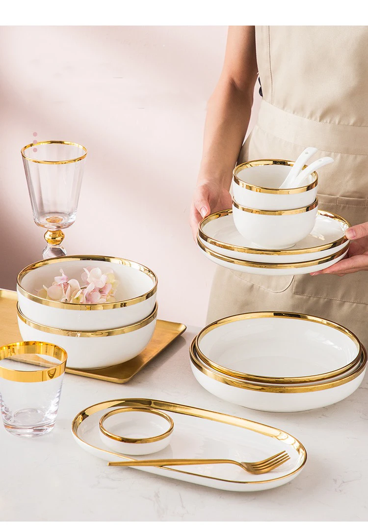 Luxury Golden Edge White Porcelain Tableware Set With High End Quality