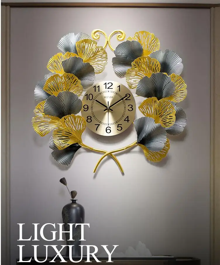 

New Chinese Wrought Iron Ginkgo Leaf Wall Clock Ornaments Home Livingroom Wall Mural Decoration Hotel Office Wall Sticker Crafts