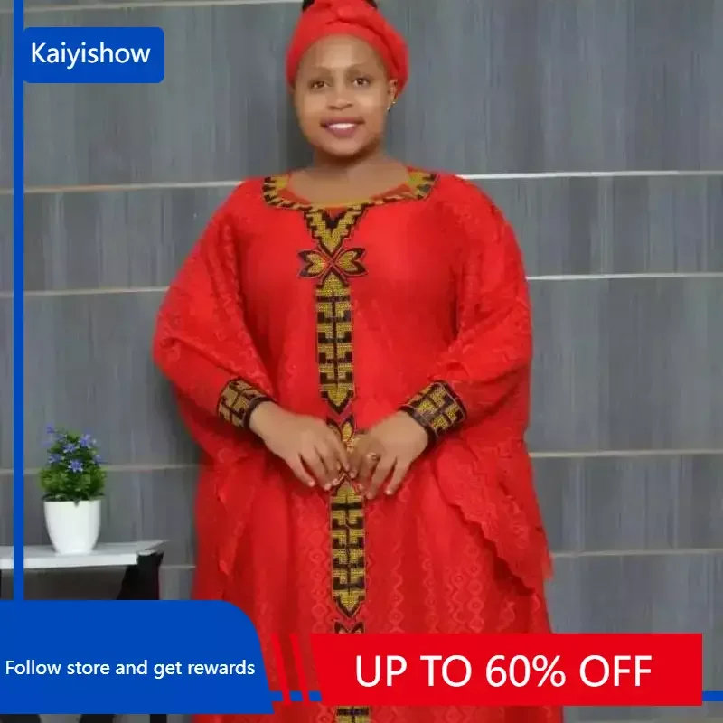 With Headtie Fashion African Dresses for Women Muslim Lace Boubou Dashiki Traditional Africa Clothes Ankara Outfits Evening Gown