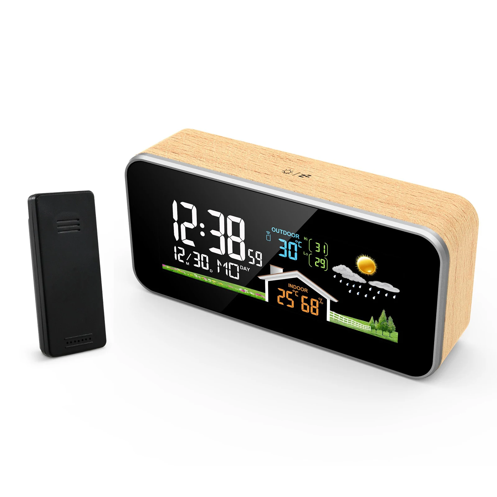 

Smart Wireless Weather Station Wooden HD Color Screen Alarm Clock Indoor and Outdoor Temperature And Humidity Meter Sensor