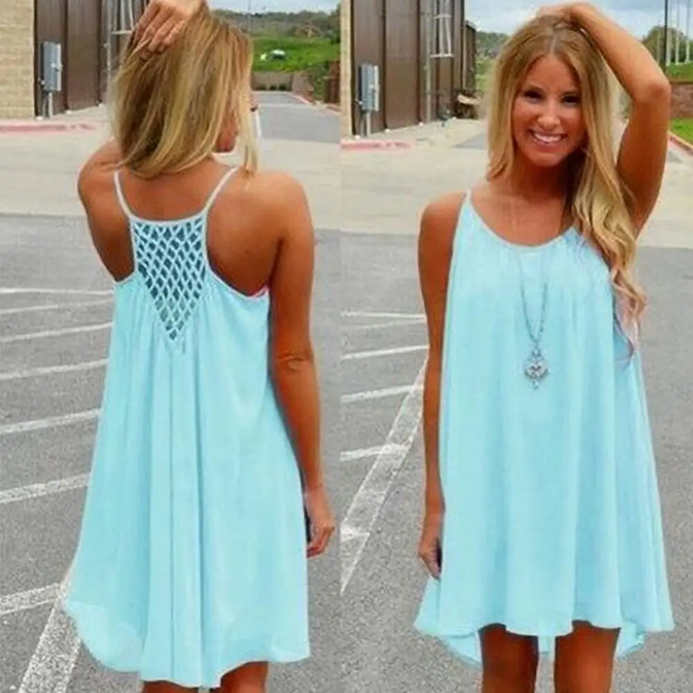 

Women Summer Sling Chiffon Dress O-Neck Sleeveless Beach Dress Mesh Stitching Backless Bright Color Suspender Dress Streetwear
