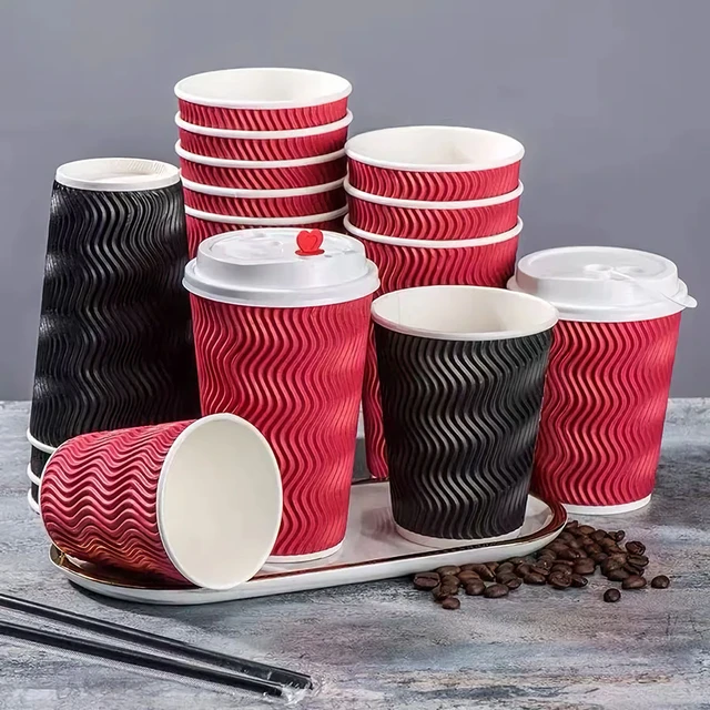 Disposable Coffee Cups w/ Dark Red Double Wall Insulated Ripple