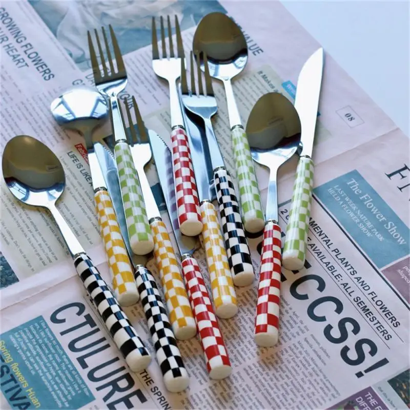 Korea Style Stainless Steel Knife Fork Spoon Three Pieces Creative Checkered Western Tableware Set 3pcs silicone spatula stainless steel spoon silicone kitchen utensils silicone cooking spoon wooden cooking spoon plastic rice spoon cooking scoop