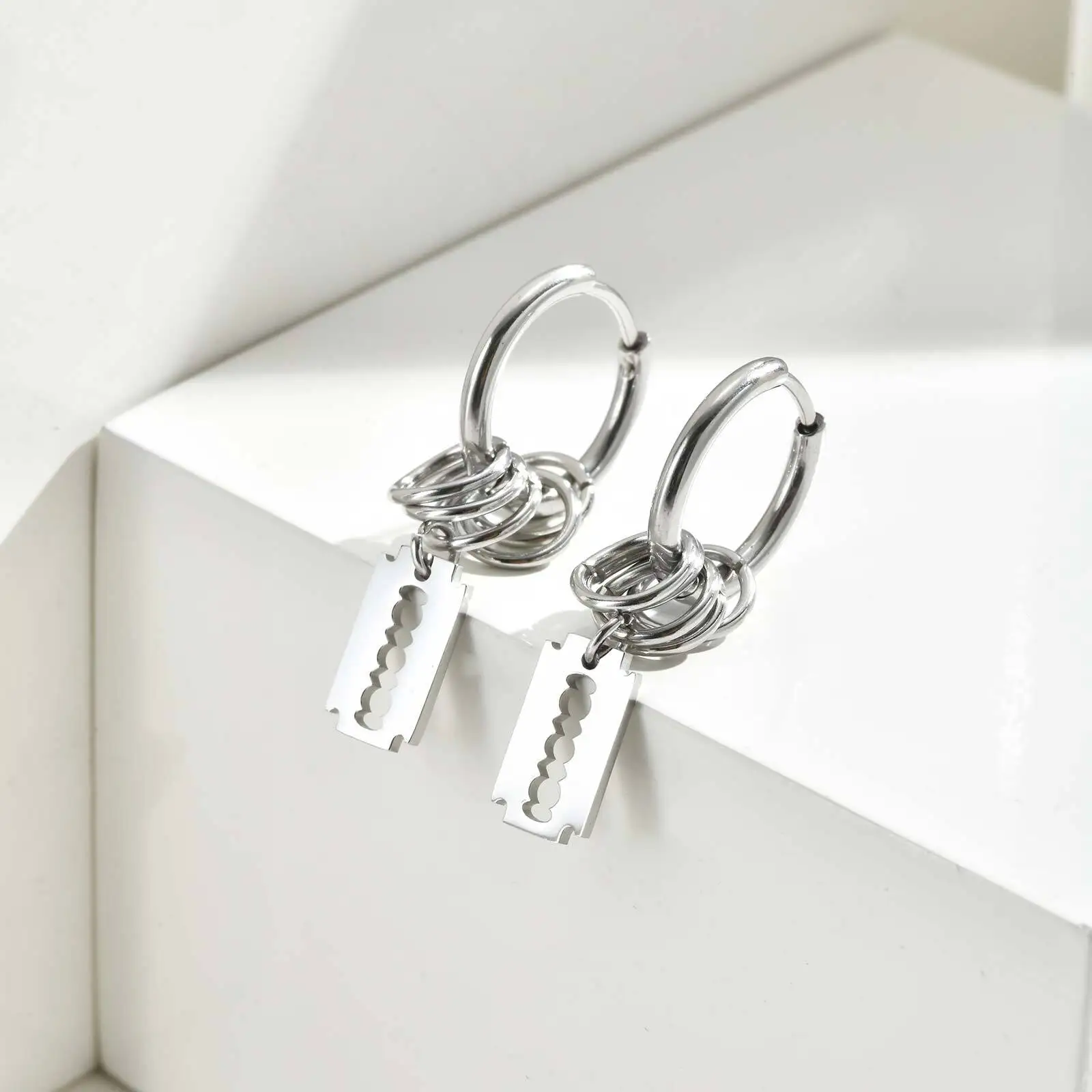 Fashion Hoop Earring for Men Boys,Stainless Steel Blade Huggies Hoop Earring,Hip Hop Punk Jewelry Gift