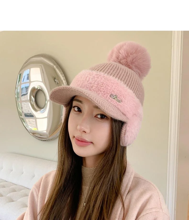 Nuovo berretto da baseball invernale in pelliccia di visone con protezione per le orecchie in pelliccia di coniglio per le donne, moda coreana, tinta unita, semplice cappello lavorato a maglia con palline di lana_voghion.com