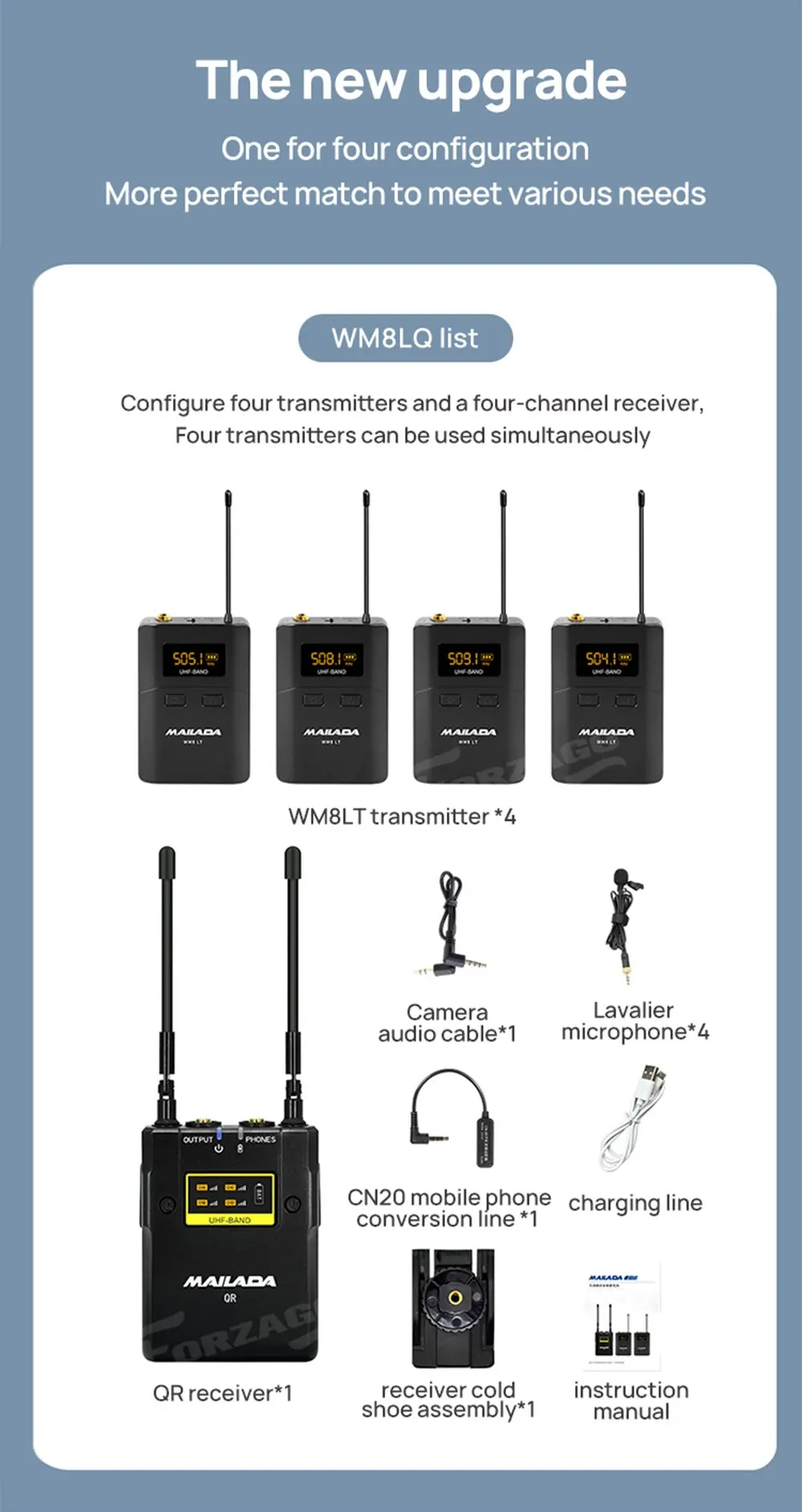 Mailada Wireless Microphone UHF System 4 Transmitters 1 Receiver Video Mic