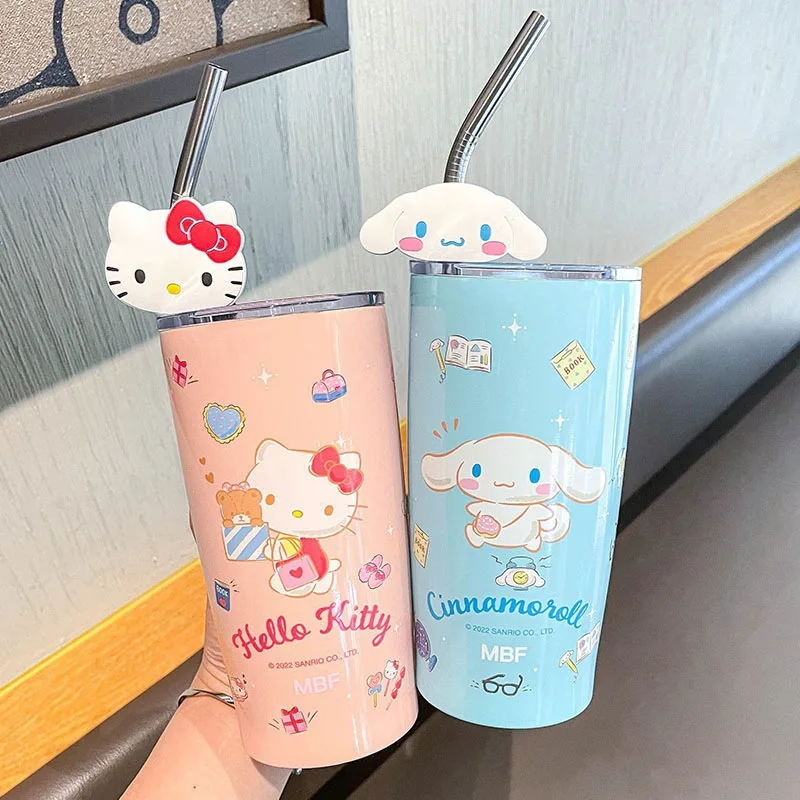 

600ML Sanrio Hello Kitty Insulated Water Cup Cute Cartoon Cinnamoroll High-capacity Stainless Steel Straws Cup Holiday Gifts