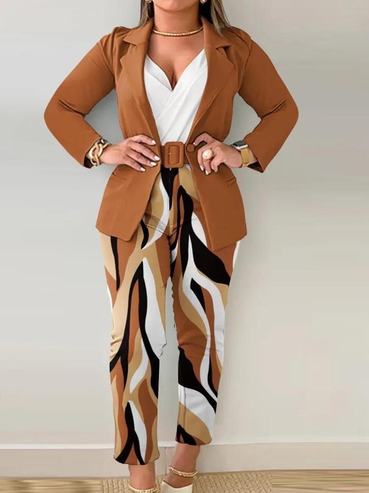 Fashion Letter Printed Suit Office Sets Autumn Winter Women Lapel Collar Blazer Cardigan Coat Pants Two Piece Work Set With Belt