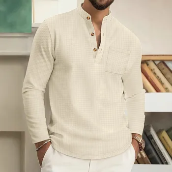 Nuova Camicia Polo da Uomo 2026 a Maniche Lunghe con Colletto Abbottonato, Tinta Unita, Casual, con Tasche, Stile Europeo e Americano