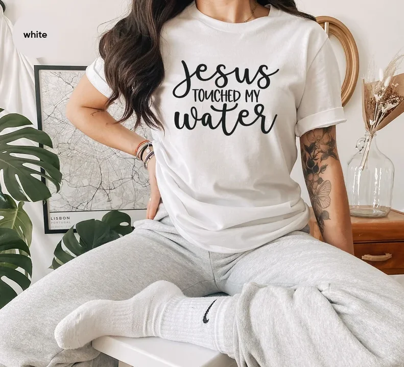 Jesus Touched Christmas T-Shirt 100% Cotton t-shirts Funny Letter print Graphic O neck Ladies goth Faith graphics Drop shipping