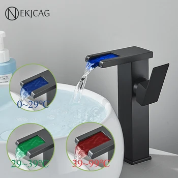 LED Bathroom Basin Faucet Waterfall Outlet Black Cold And Hot Mixer Deck Installation Crane Kitchen Sink Tap With Light 2