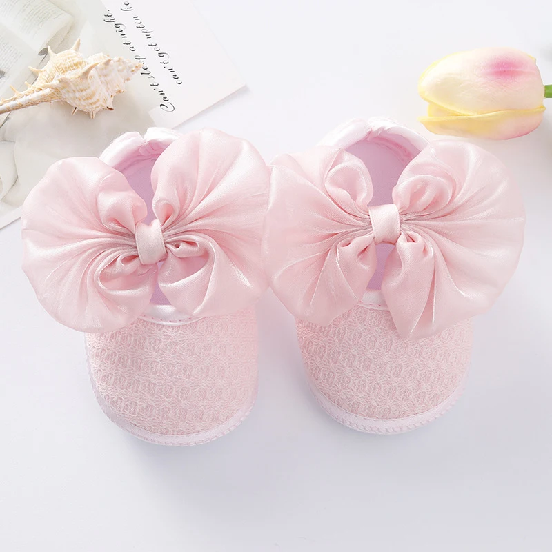 0-18months Infant Girl Flat Shoes Spring Autumn Baby Girls Bowknot Soft Sole Anti Slip Crib Shoes + Lace Headband
