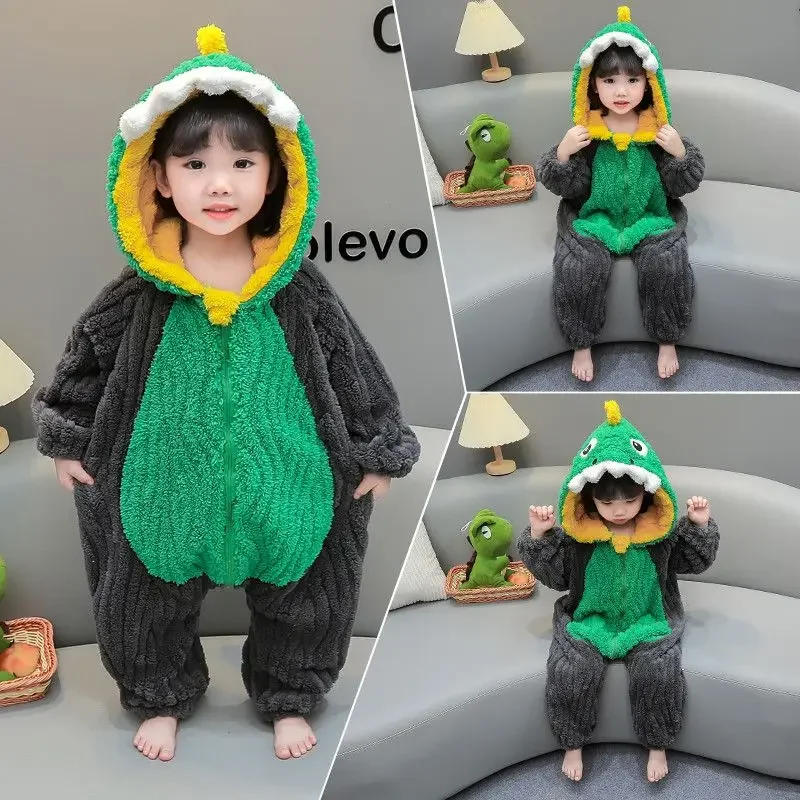 Children's Thick Coral Fleece Jumpsuit Little Girl's Autumn and Winter Cartoon Climbing Clothes Baby Flannel Hooded Home Clothes