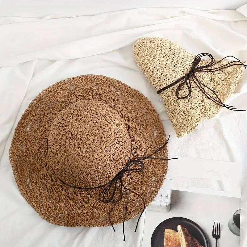 New Women Casual Travel Supply Sun Protection Beach Hat Raffia Straw Hat Bowknot Rope Decoration Straw Hat