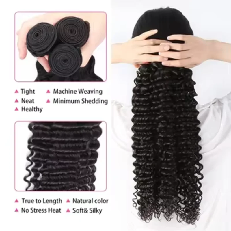 26 28 30 inch Natural Black Color Deep Wave Bundles Human Hair Deep Wave Bundles Brazilian Remy Wet and Wavy