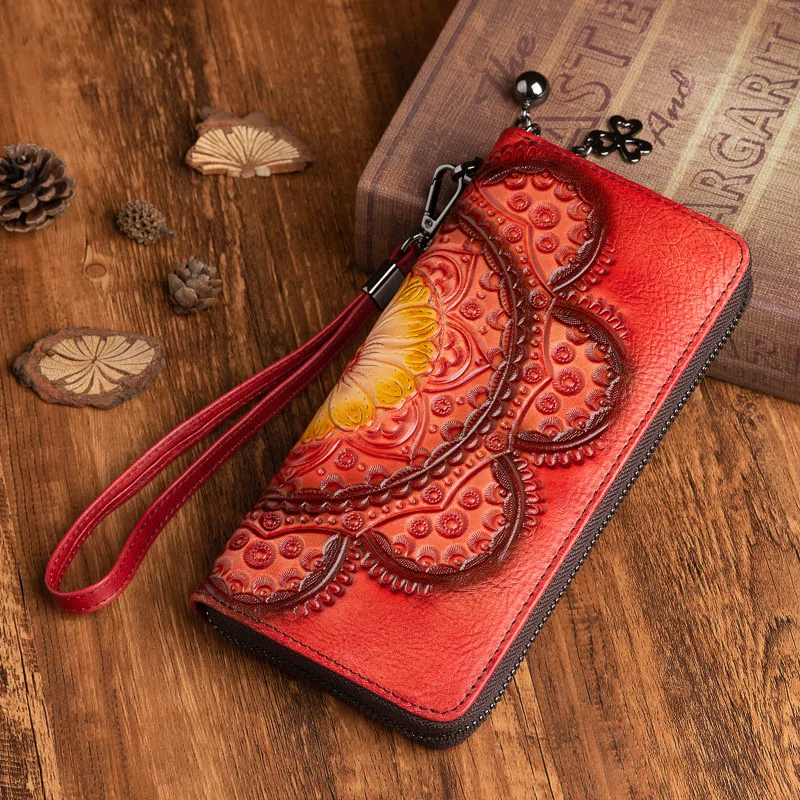 MOTAORA Retro Wallet 2023 New Vintage Genuine Leather Wallets For Women Handmade Embossed Purse China Style Card Holder Female