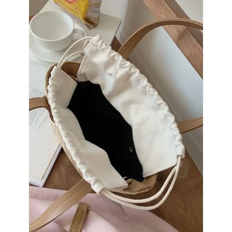 Niche Designe Handbag Straw Fabric Shoulder Bag Woven  Bucket Crossbody Purse Summer Beach Underarm Bags сумка женская bolsos