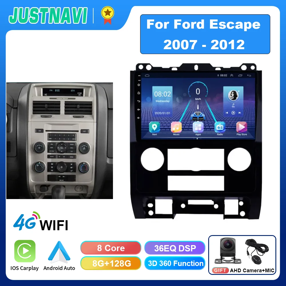 

JUSTNAVI 8+128G Android 10.0 Car Radio GPS Multimedia Player For Ford Escape 2007 - 2012 RDS 4G LTE DSP Carplay Android Auto