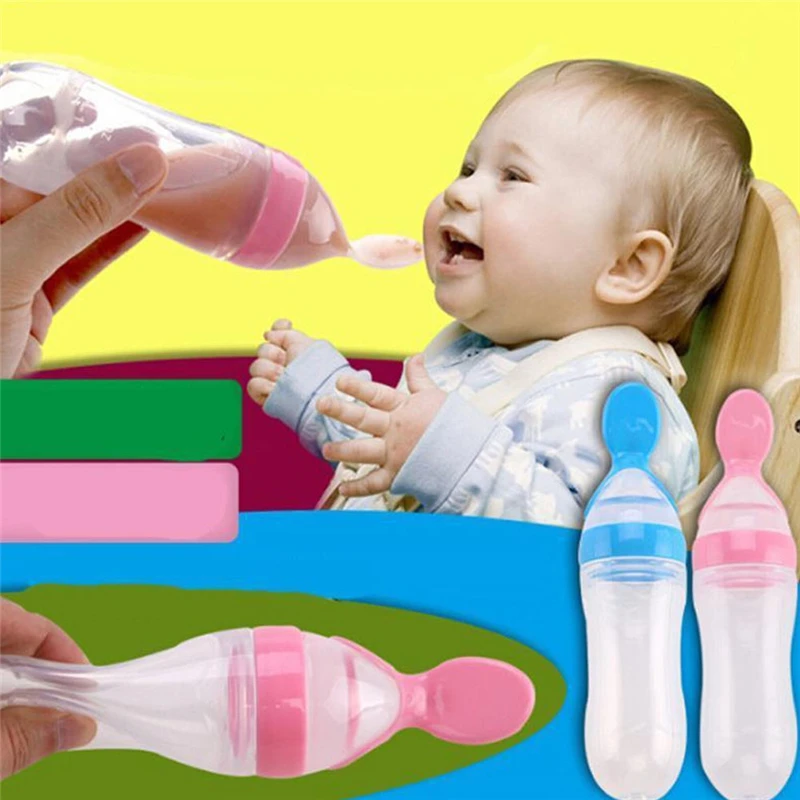 New Squeezing Feeding Bottle Silicone Newborn Baby Training Rice Spoon Infant Cereal Food Supplement Feeder Safe Tableware Tools